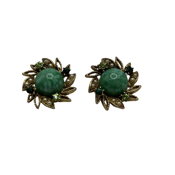 Unbranded Jewelry - Vintage Green Oval Rhinestone Gold tone Clip On Earrings Costume